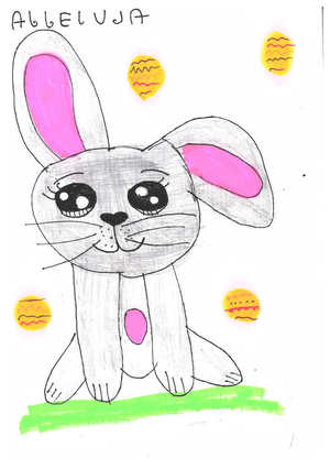 Kartka wykonana własnoręcznie przez dziecko, z rysunkami i życzeniami z okazji Świąt Wielkanocnych.