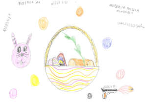 Kartka ozdobiona własnoręcznie przez dziecko, z rysunkami i życzeniami z okazji Świąt Wielkanocnych.
