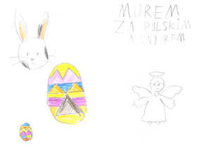 Kartka wykonana własnoręcznie przez dziecko, z rysunkami i życzeniami z okazji Świąt Wielkanocnych oraz z hasłami o tematyce militarnej.