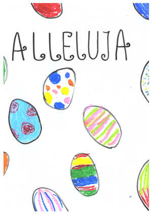 Kartka wykonana własnoręcznie przez dziecko, z rysunkami i życzeniami z okazji Świąt Wielkanocnych.