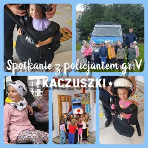 Kolaż 5 zdjęć grupy &quot;Kaczuszki&quot; ze spotkania policjantów z przedszkolakami.