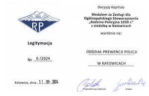 Legitymacja do Medalu za Zasługi dla Ogólnopolskiego Stowarzyszenia &quot;Rodzina Policyjna 1939 r.&quot; z siedzibą w Katowicach.