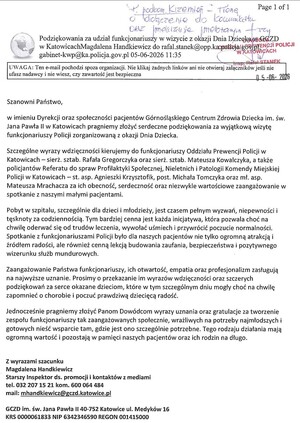Podziękowania za wizytę policjantów w Górnośląskim Centrum Zdrowia Dziecka im. św. Jana Pawła II w Katowicach.